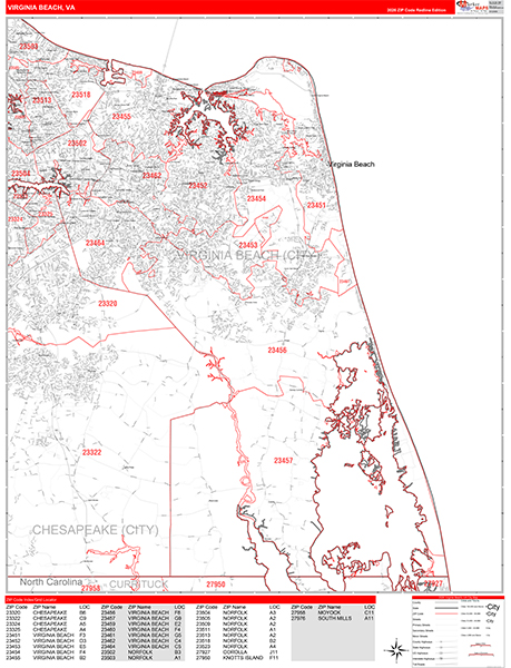 Virginia Beach Wall Map Red Line Style